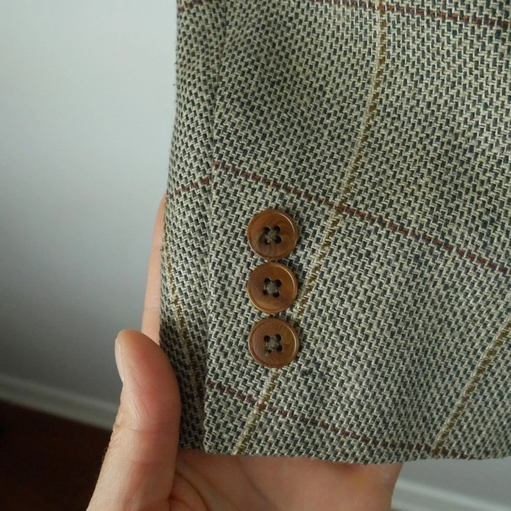 J. Crew Oarsman Vintage 41R Silk Linen Windowpane Blazer Sport Coat‎ Plaid USA